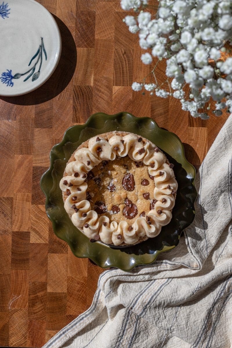 Overhead view of the frosted single serve brown butter cookie cake.