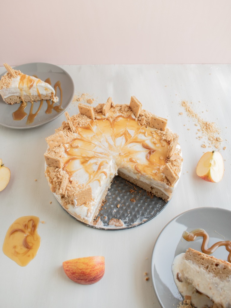 overhead of the apple pie ice cream cake, which also shows the separation of the layers.