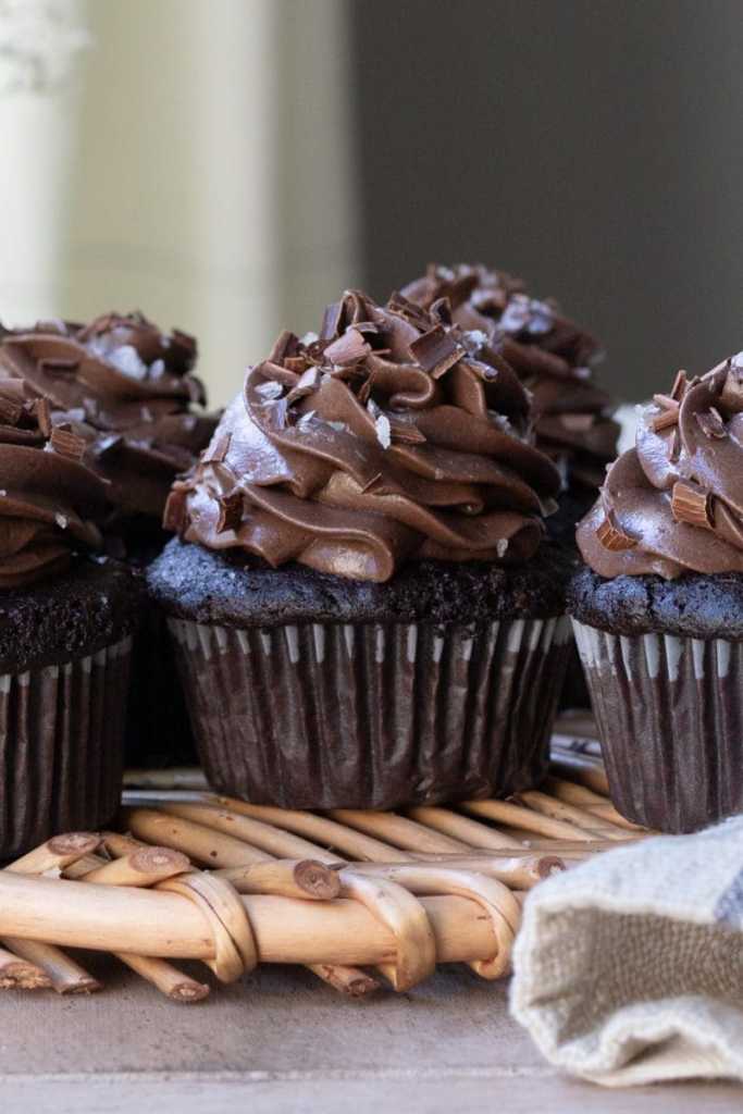 close up of the frosted small batch chocolate cupcakes