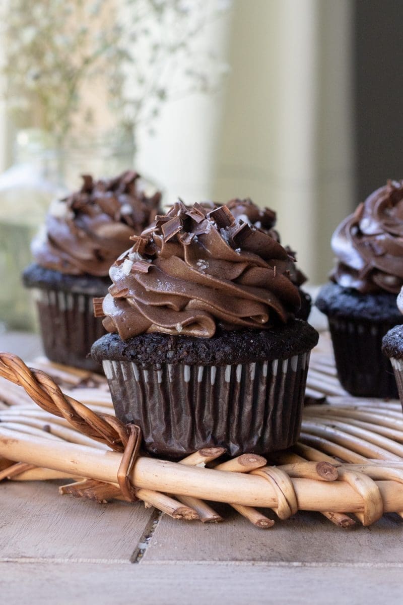 close up of one of the small batch chocolate cupcakes