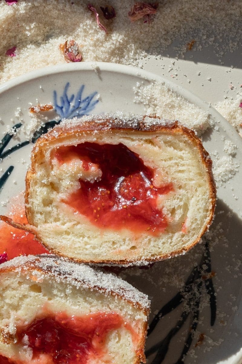 Cross-section of the strawberry rose paczki.