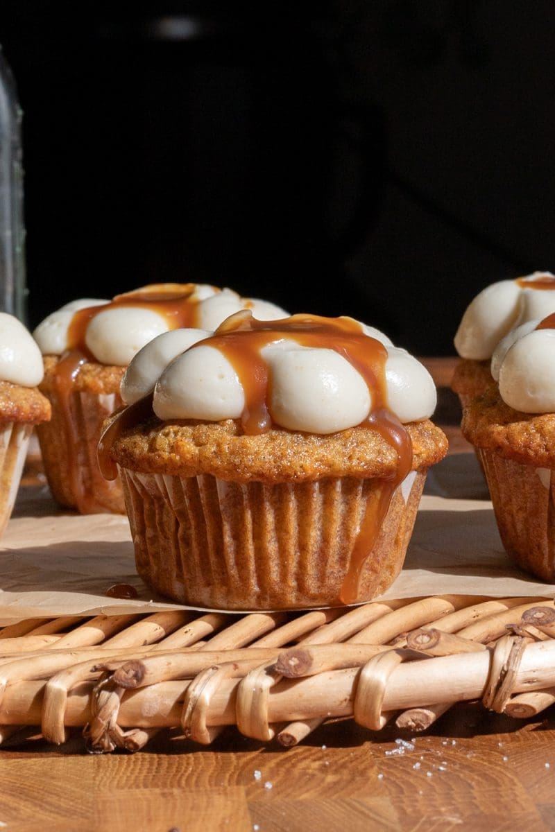 Close up of one of the small batch carrot cake cupcakes.