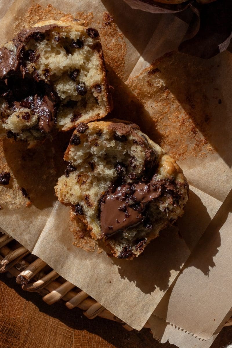 Close up cross-section of a small batch banana nutella muffin.