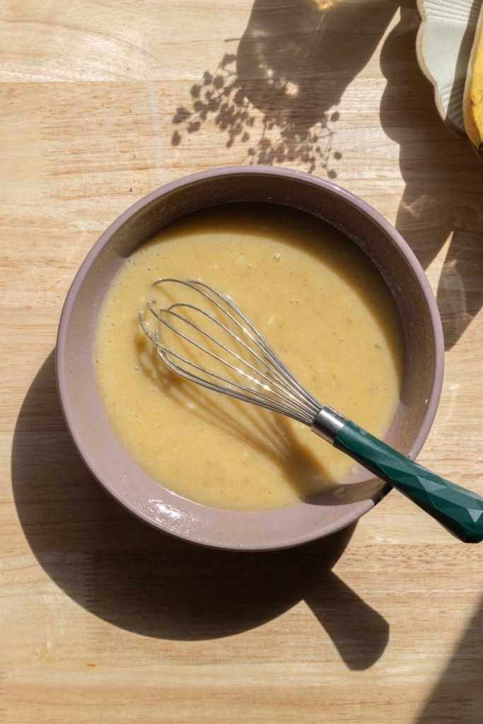 The wet ingredients whisked together in a mixing bowl.