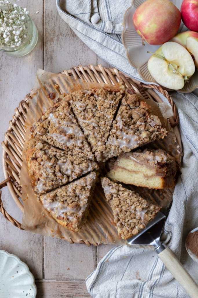 Flat lay of the chai apple crumb cake, sliced up.