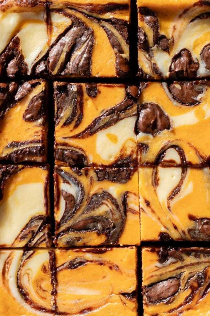 Close up of the tops of the pumpkin cheesecake brownies