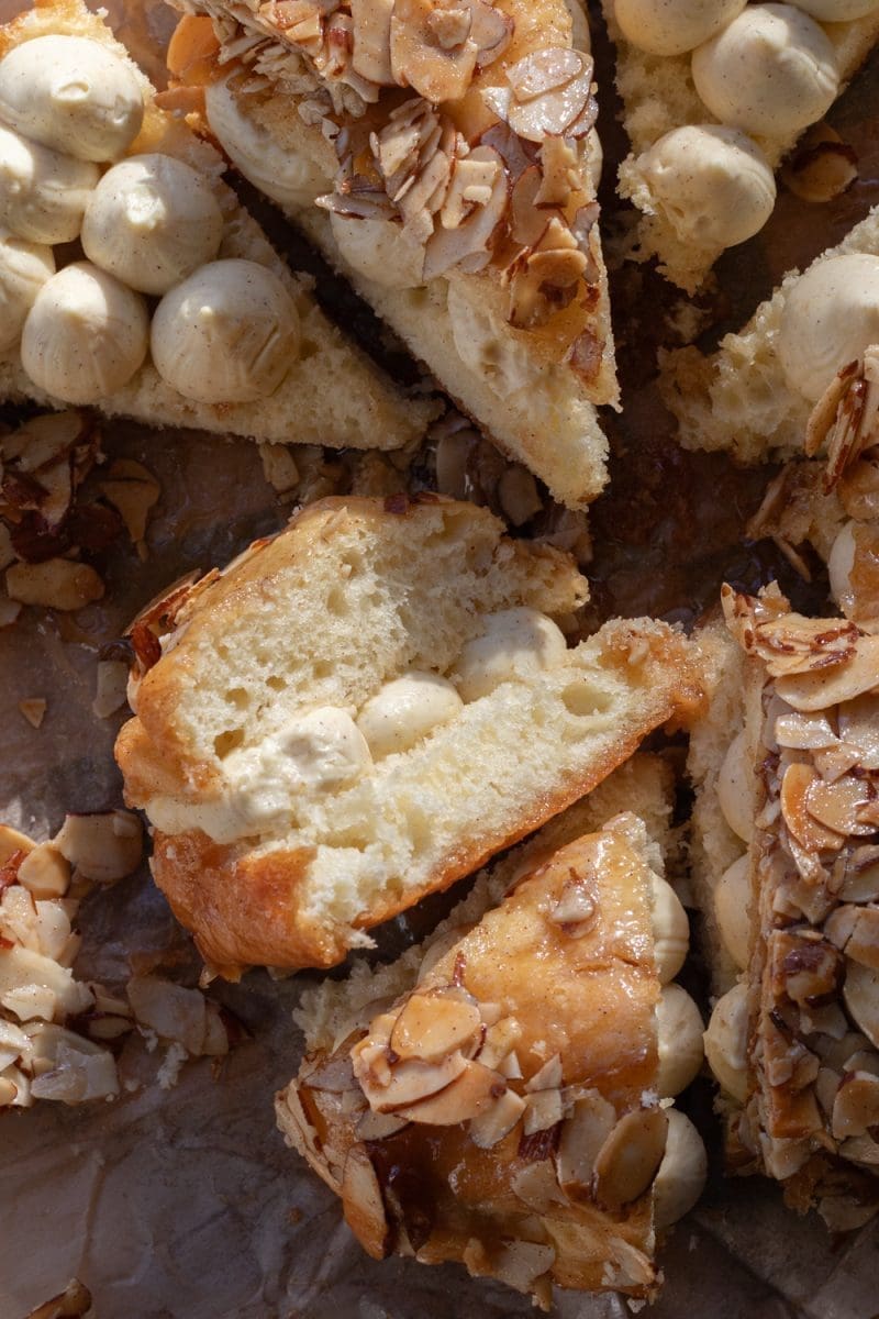 Close up of a slice of bee sting cake.