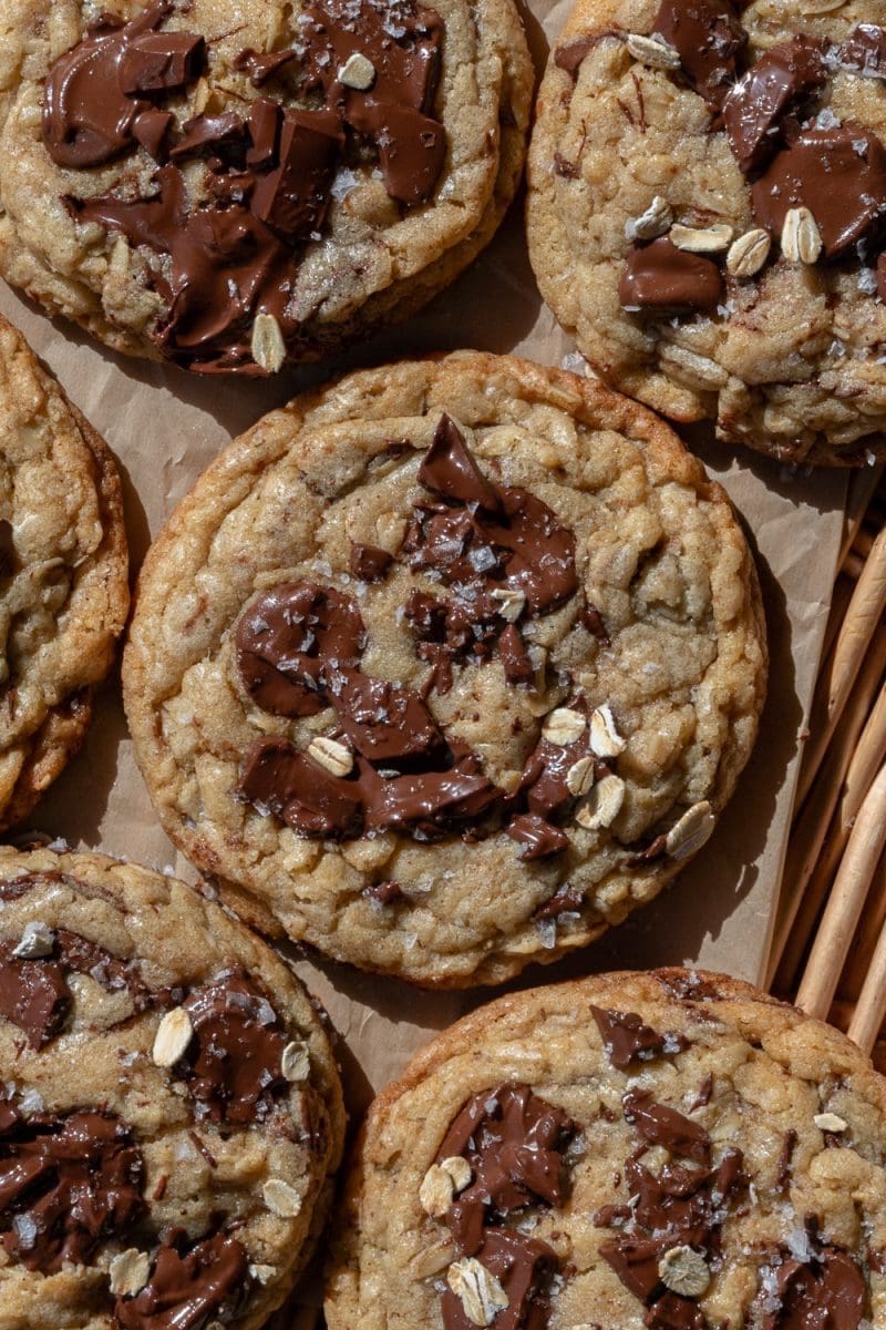 Close up of the brown butter oatmeal chocolate chip cookies.