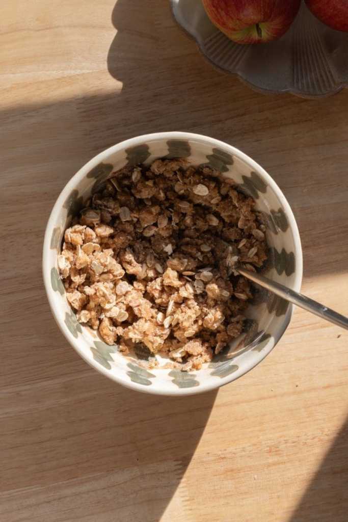 Cinnamon oat streusel in a mixing bowl.