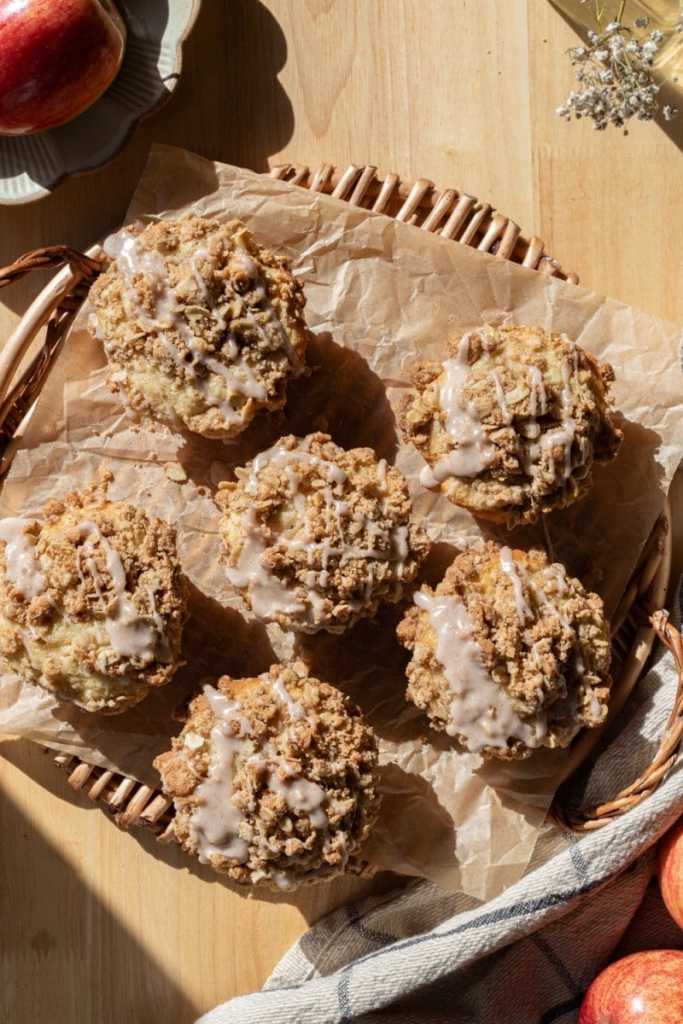 Top down view of the small batch apple crisp muffins.