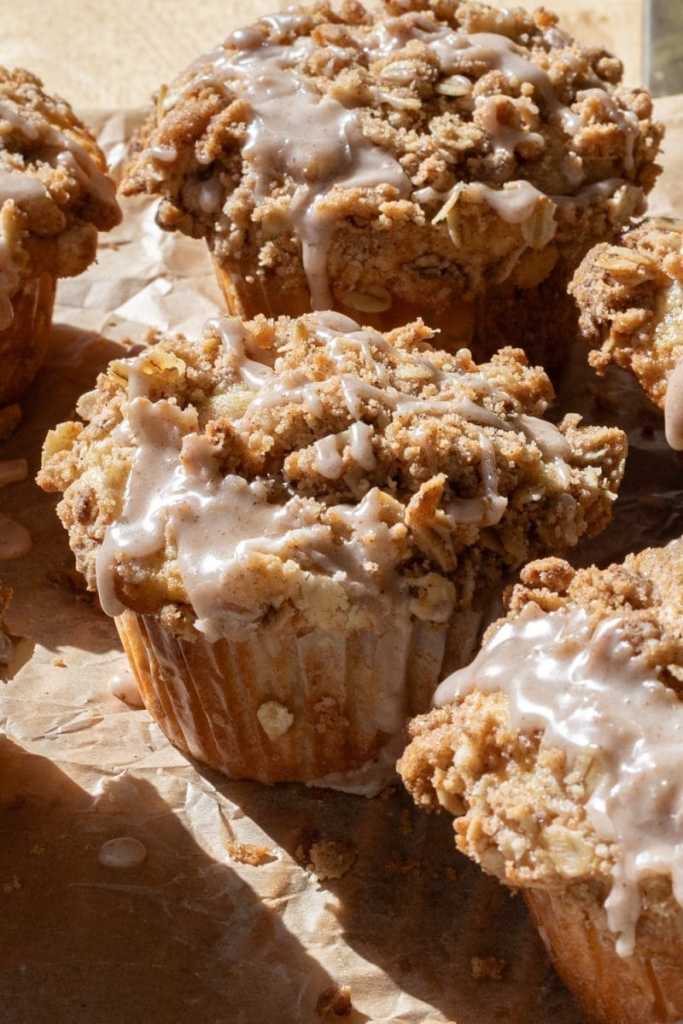 Close up of one of the small batch apple crisp muffins.