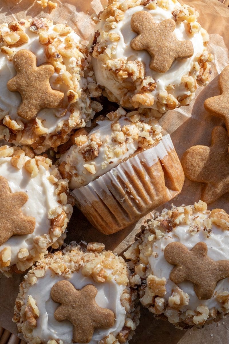 Close up of the side view of one of the small batch gingerbread cupcakes.