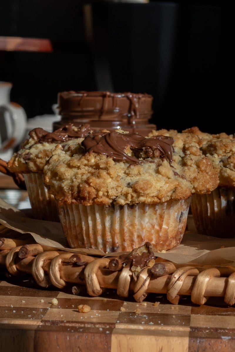 Close up of one of the small batch eggless banana muffins.