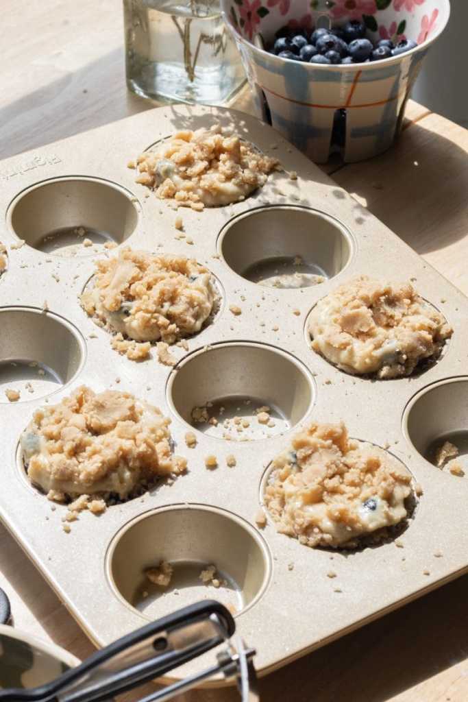 The muffins in a muffin tin prior to baking.