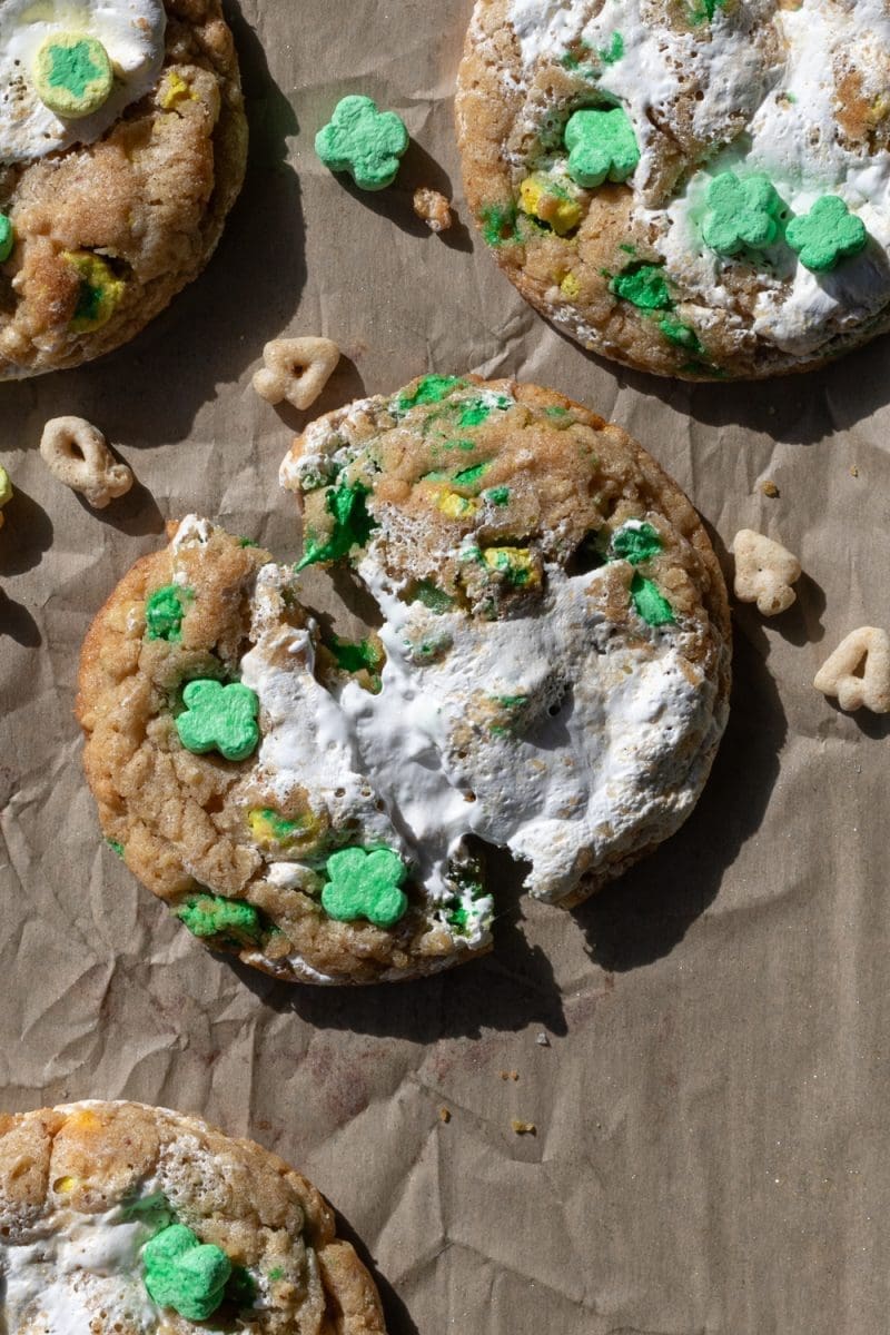 A lucky charm cookie pulled in half.
