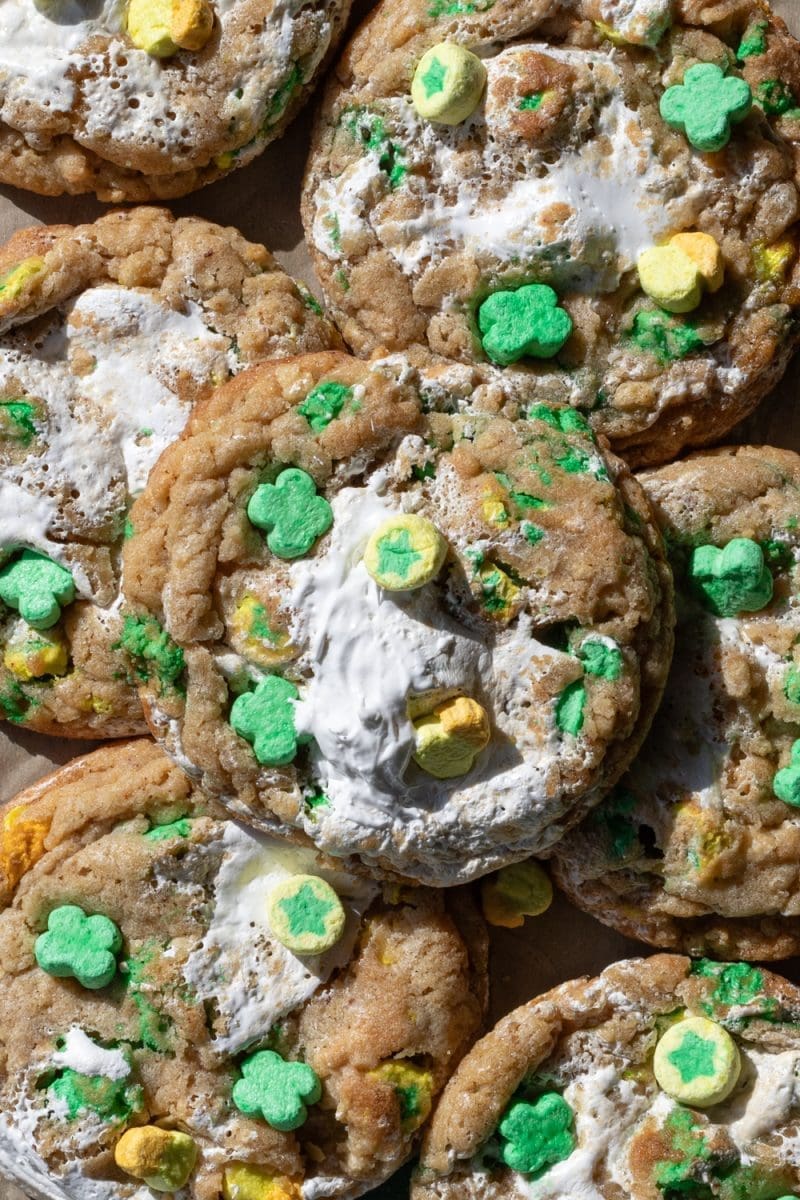 Lucky charms cookies stacked on top of each other.