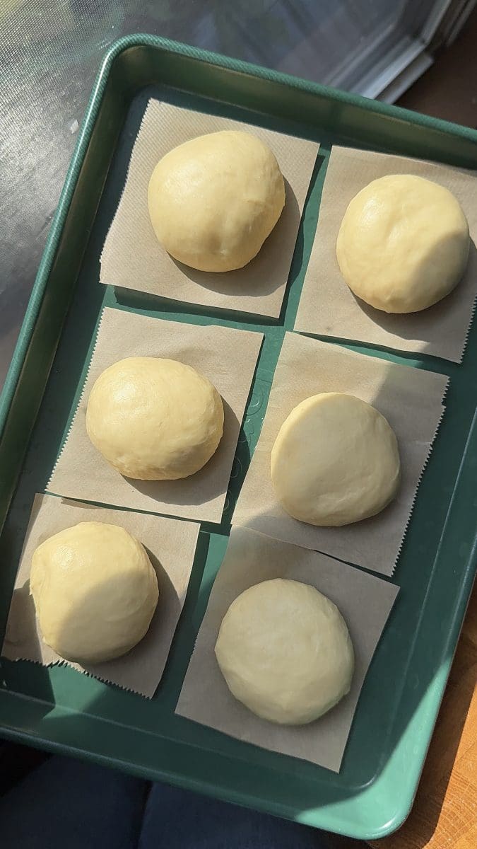 The dough rolled into 6 balls on parchment sheets.