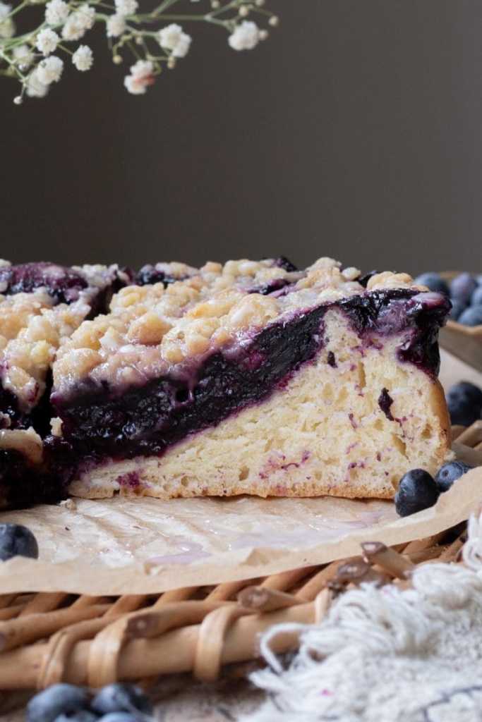 Close up of the cross-section of the blueberry brioche crumb cake.