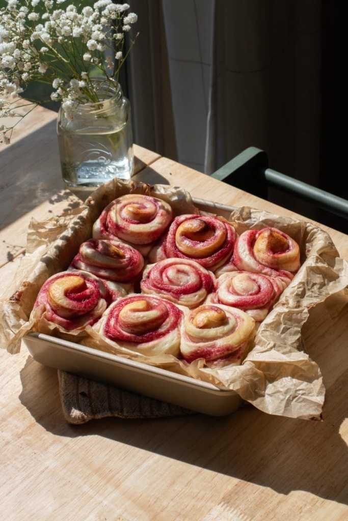 The lemon raspberry rolls after baking them and before frosting them.