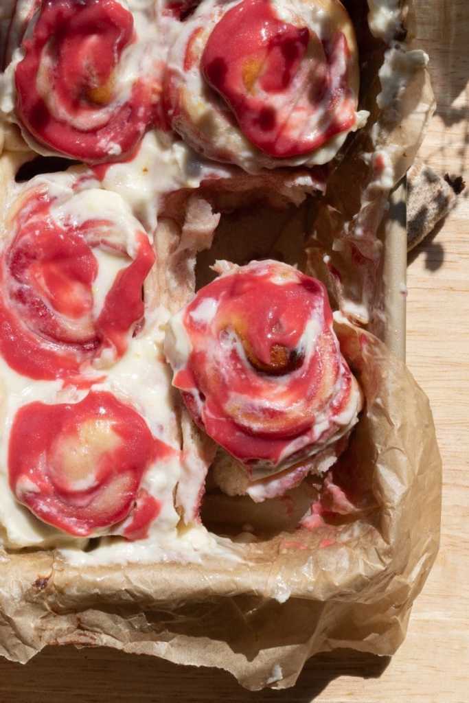 Close up of the lemon raspberry rolls