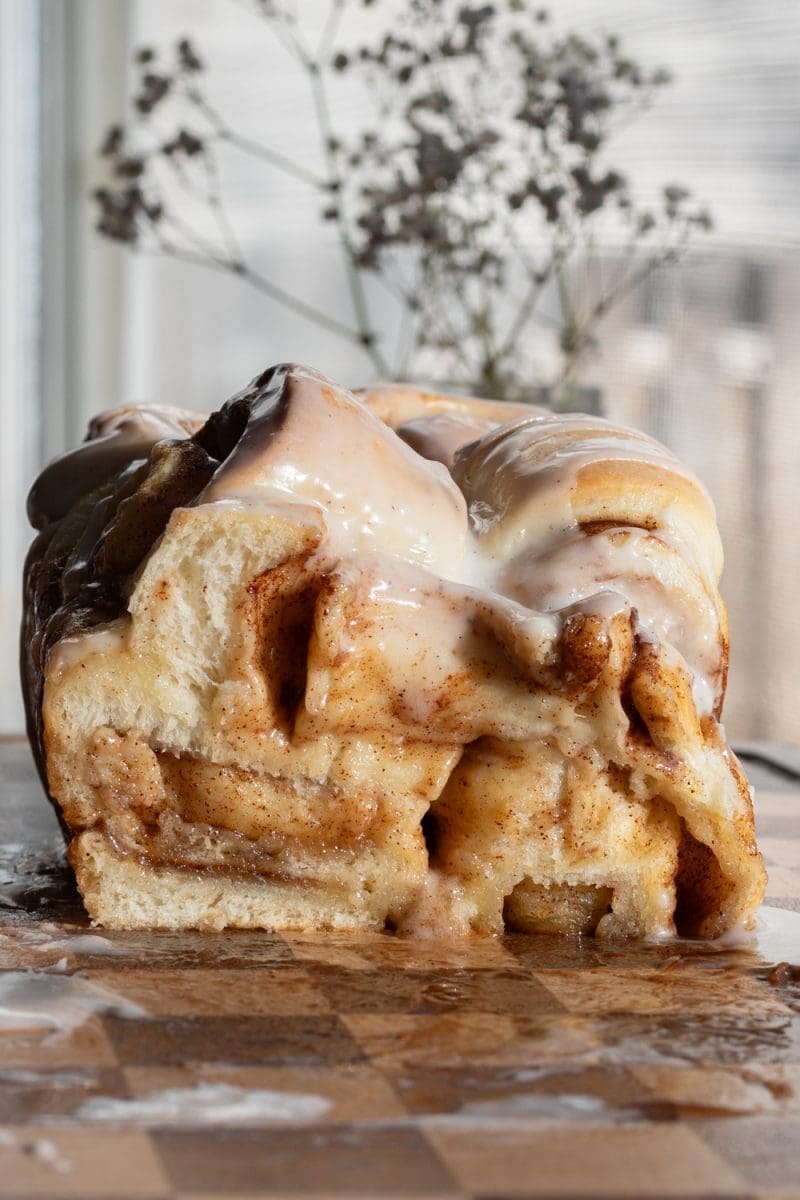 Close up cross-section of the cinnamon roll milk bread.