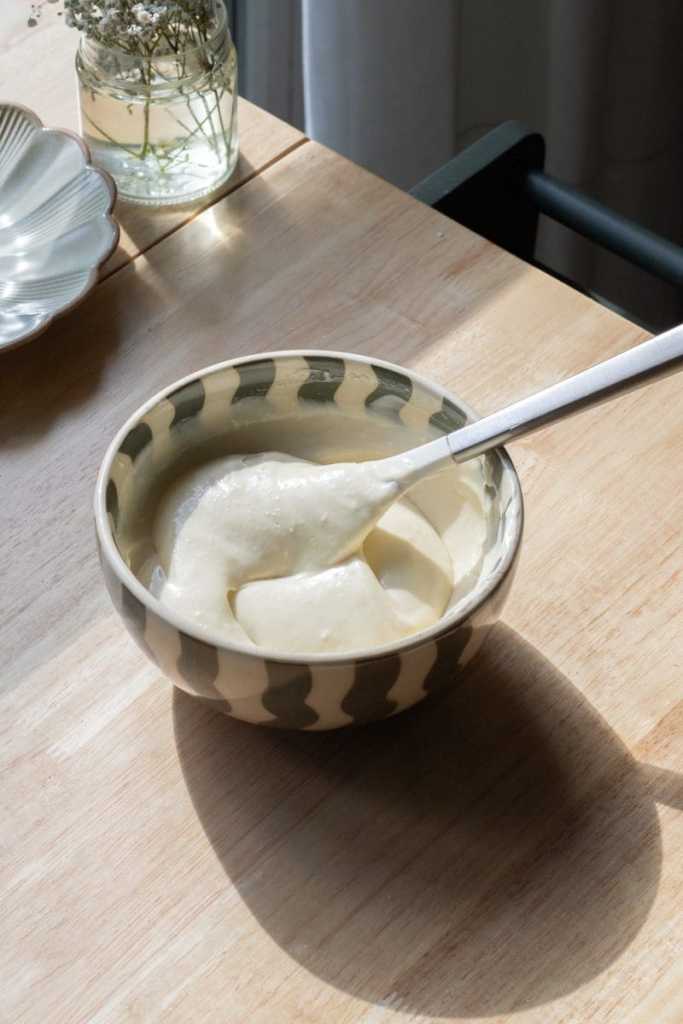 Cheesecake batter in a small mixing bowl.