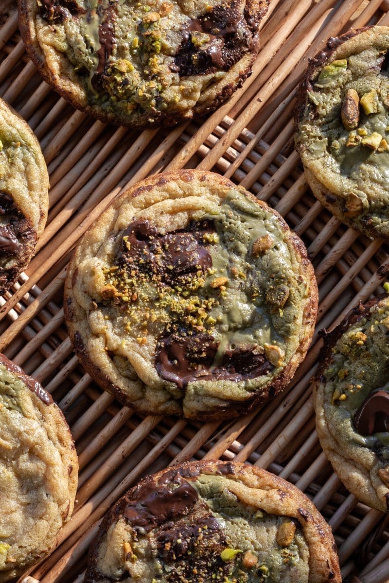 Close up of the pistachio cream chocolate chip cookies.