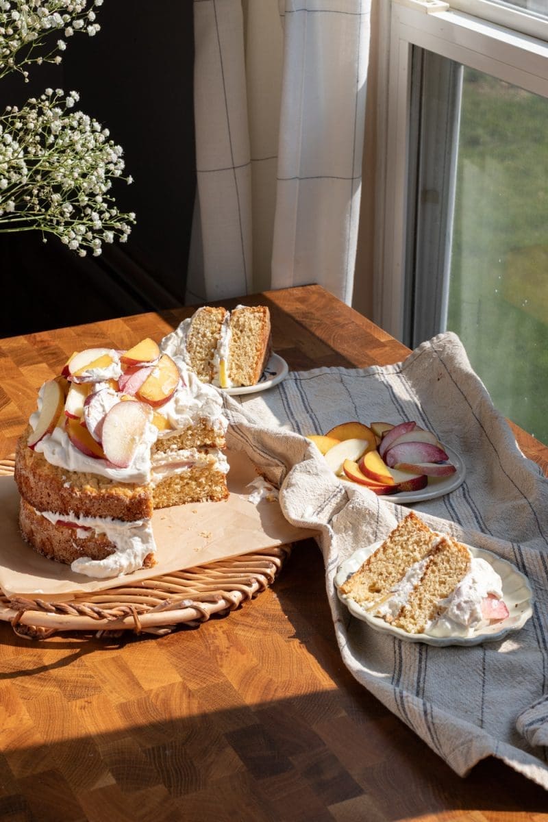 The peach shortcake cake sliced up.