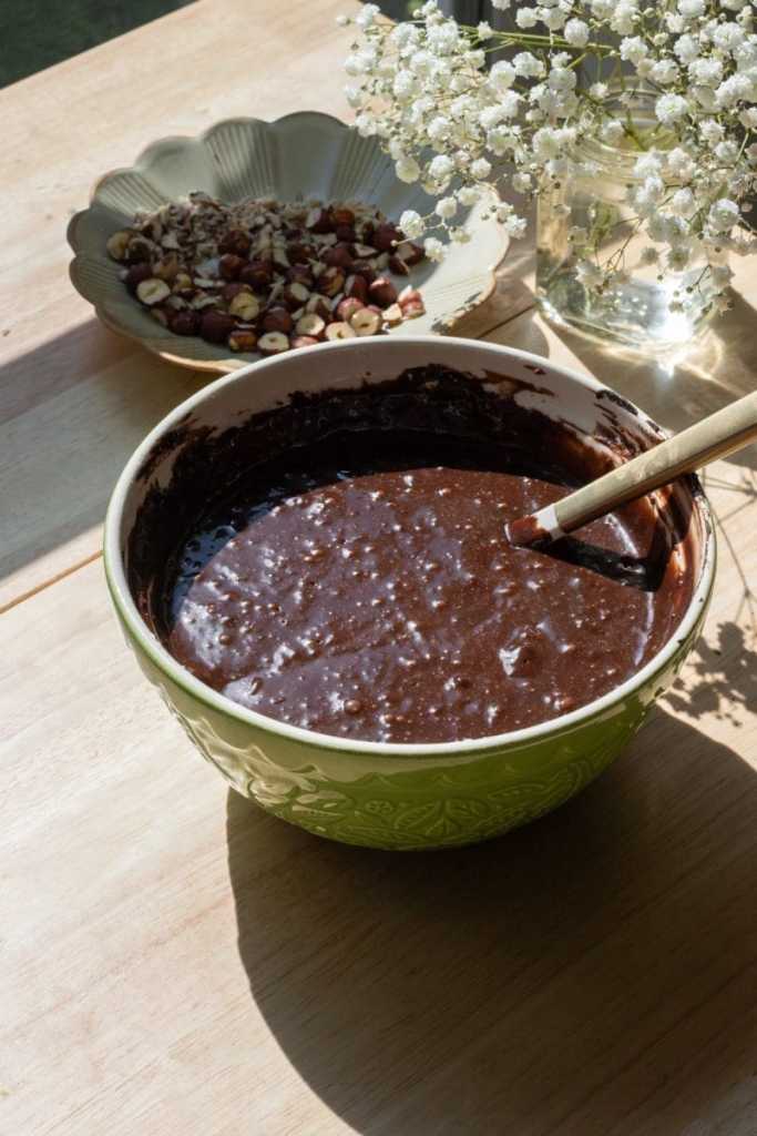 The finished chocolate loaf cake batter in a mixing bowl.