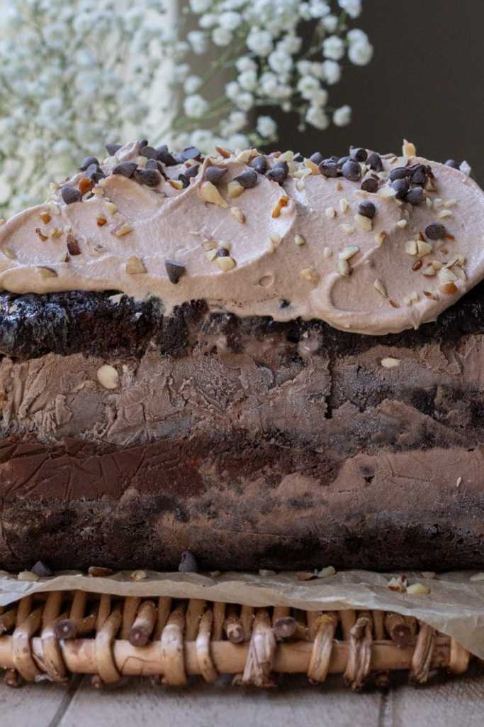 Close up side view of the chocolate hazelnut ice cream cake.