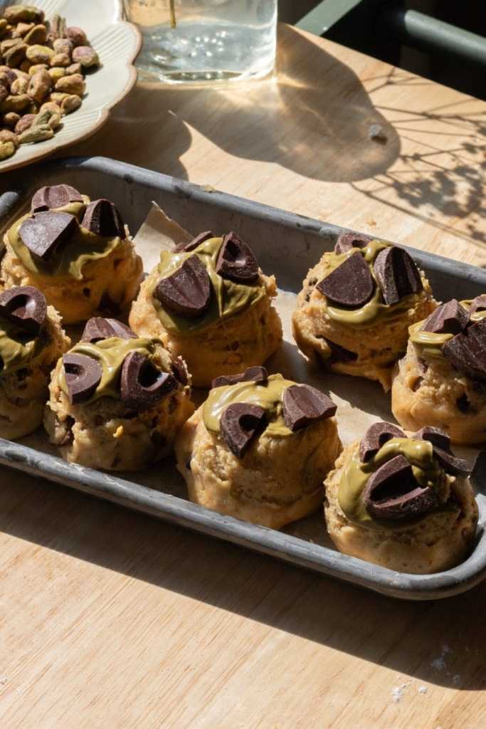 The cookie dough balls on a small tray.