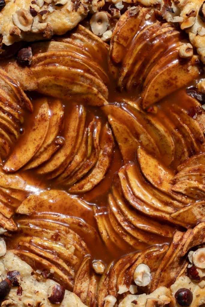 Super close up of the galette topped with more salted caramel sauce.