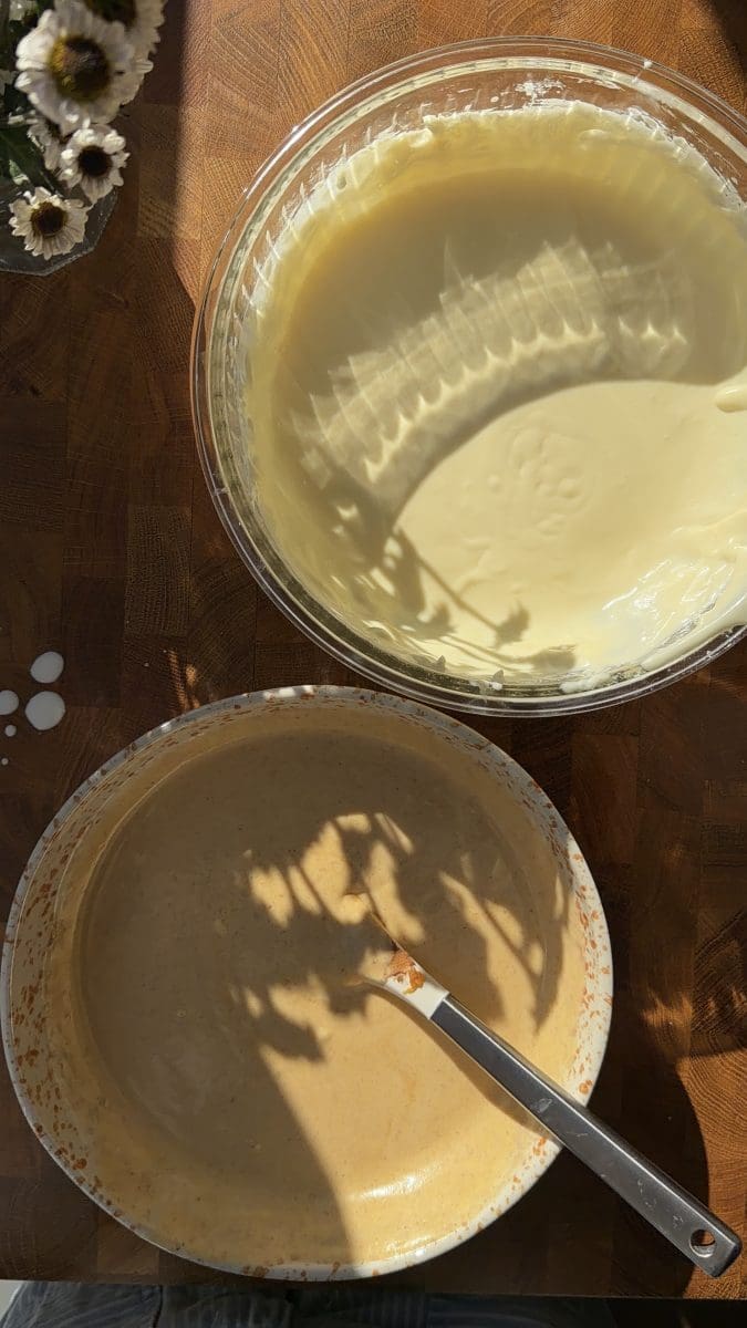 The pumpkin and vanilla cheesecake batters.