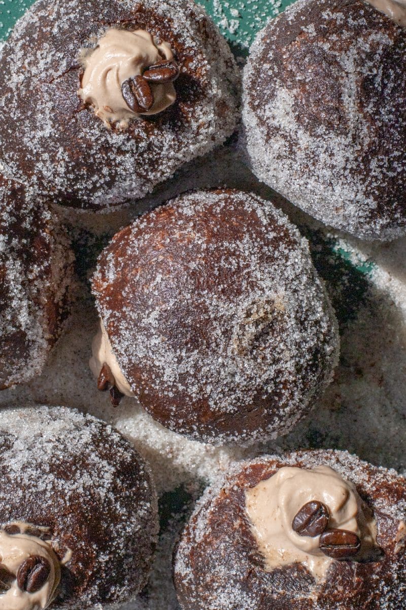 Close up of the chocolate coffee donuts.