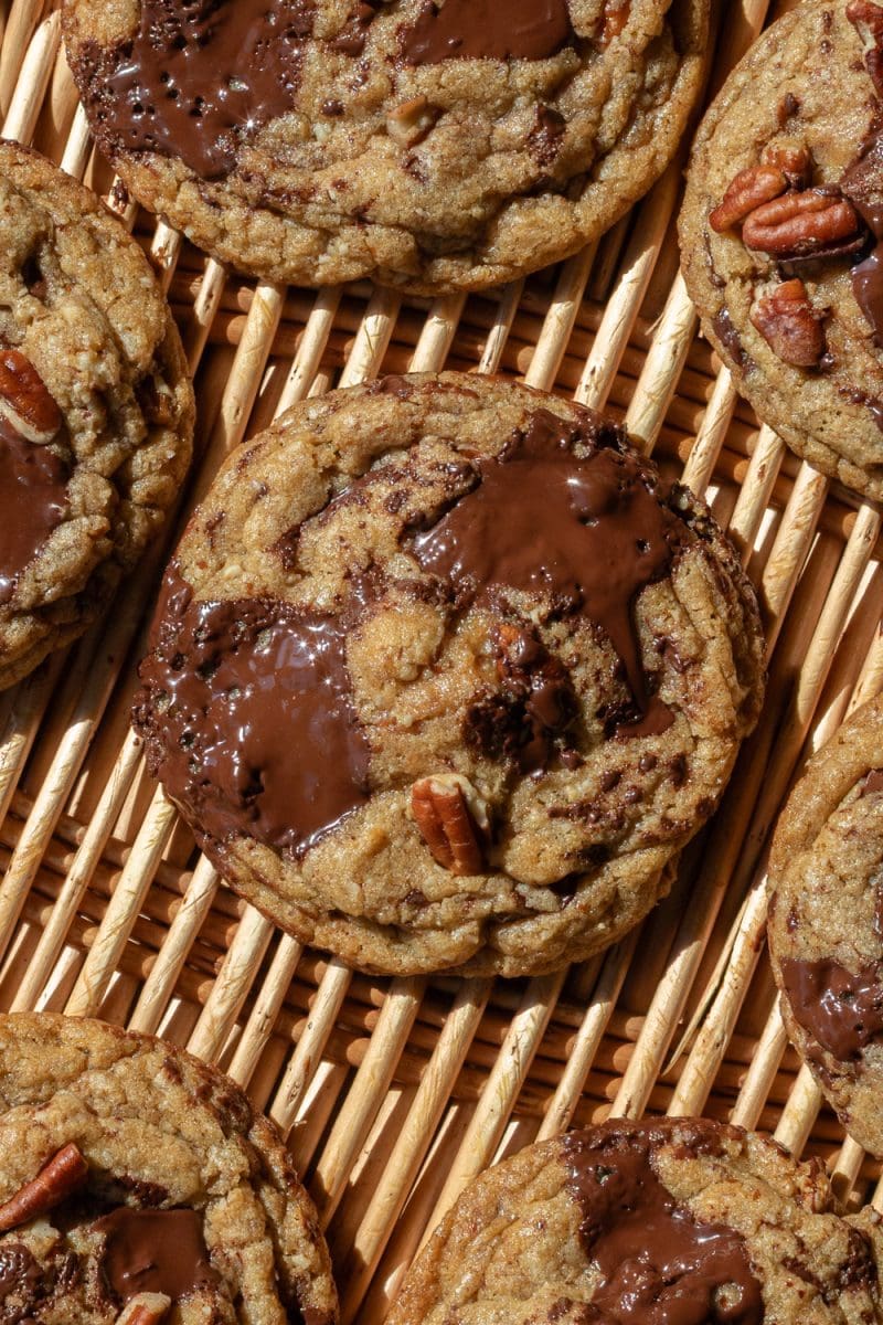 Close up of the maple pecan chocolate chip cookies