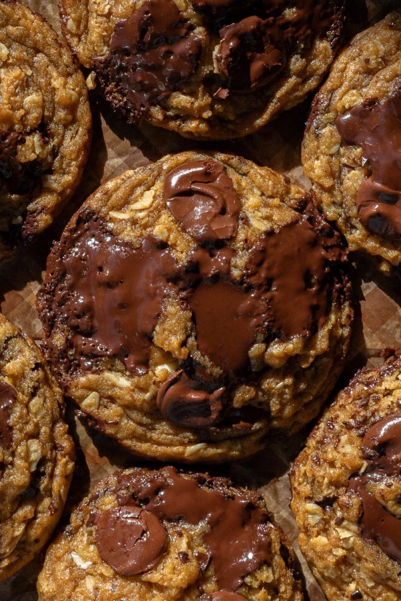 Close up of the pumpkin oatmeal chocolate chip cookies.