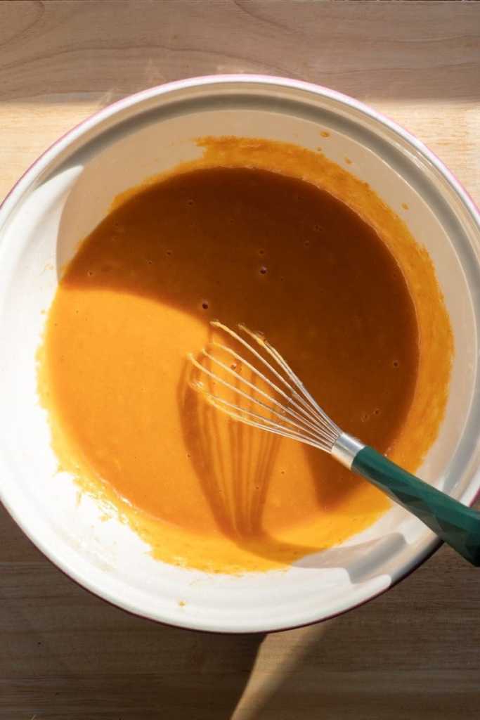 The wet ingredients for the pumpkin bread mixed together.