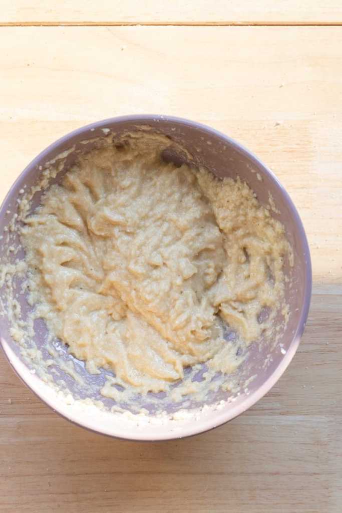 The wet ingredients creamed together in a mixing bowl.