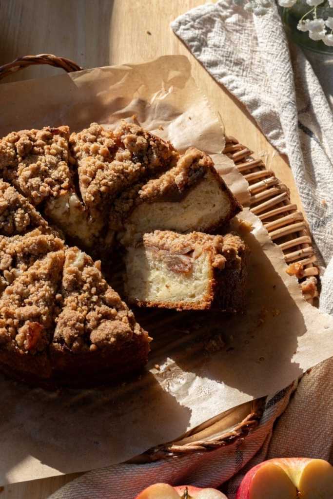 Angled view of slices of the cream cheese apple crumb cake.