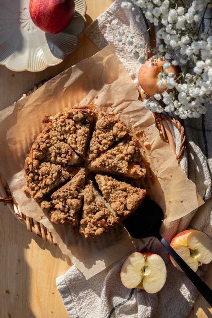 Overhead view of the cream cheese apple crumb cake.