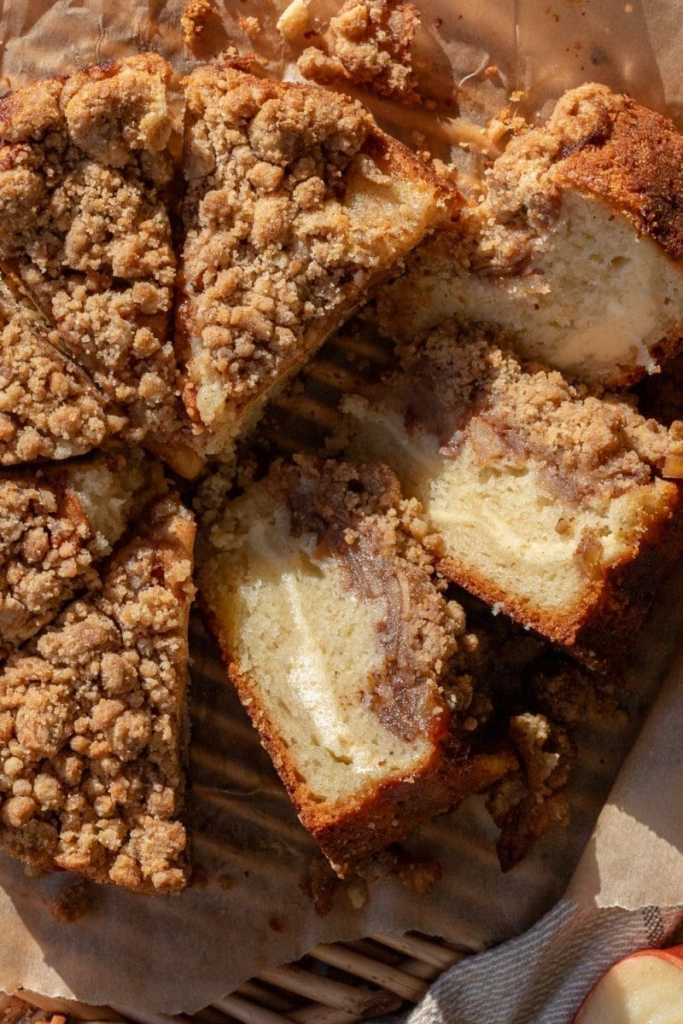 Cross-section of the cream cheese apple crumb cake.