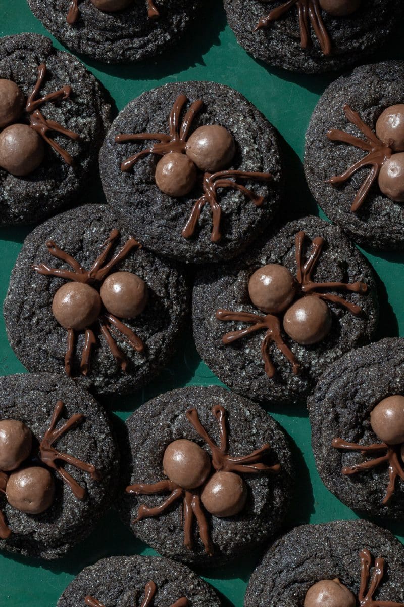 Close up of the halloween spider cookies.