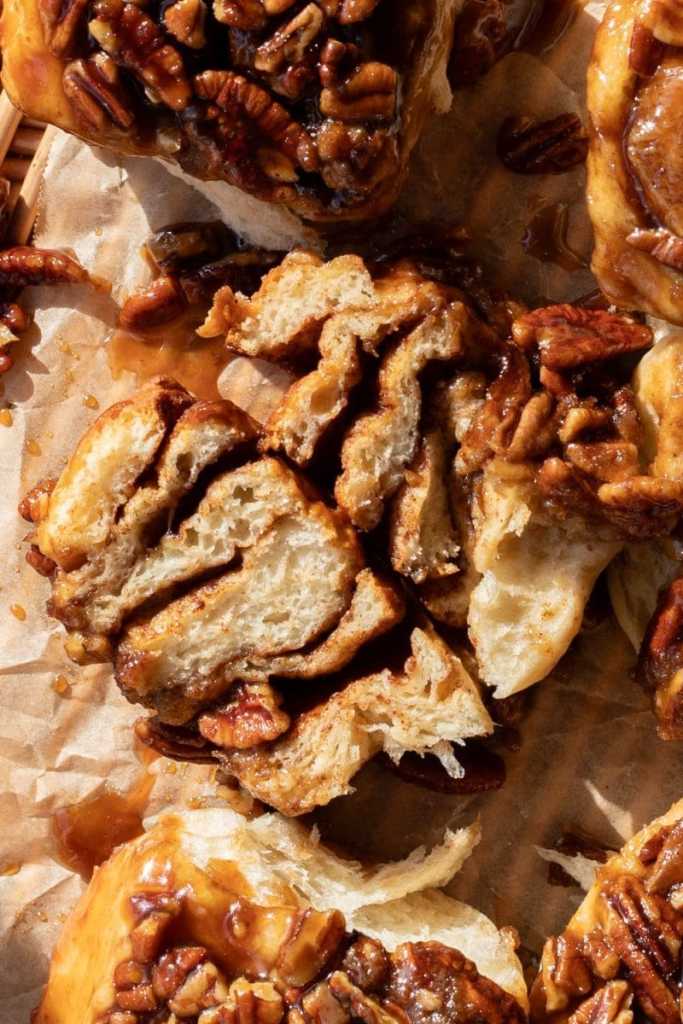 Close up cross section of the small batch maple pecan sticky buns.