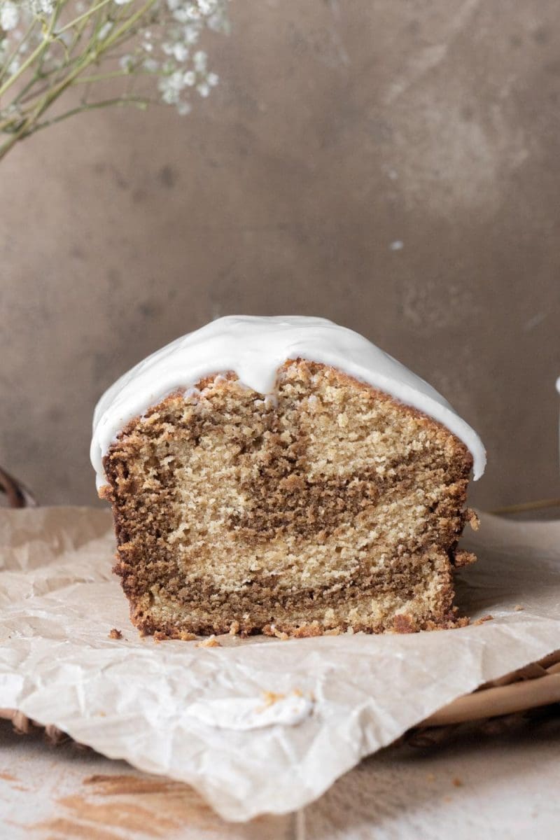 Cross-section of the marbled gingerbread pound cake