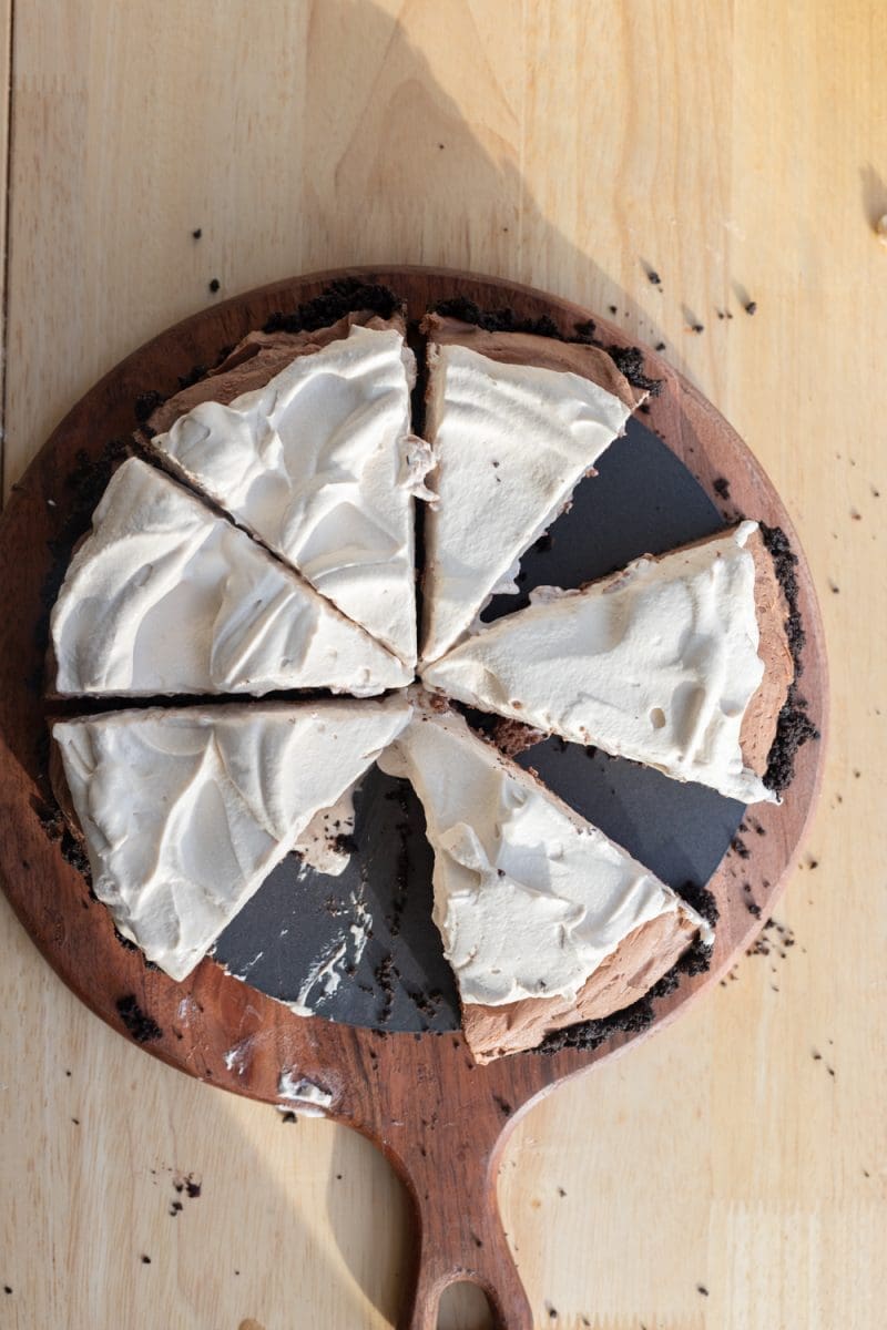 Overhead view of the sliced french silk pie.