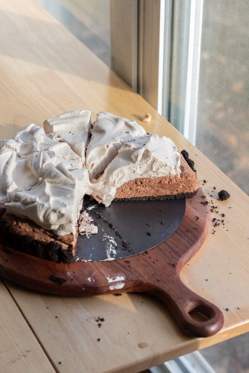 View of the sliced french silk pie.