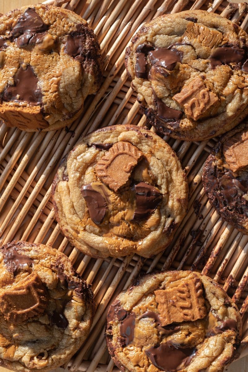 Close up of the biscoff chocolate chip cookies on a tray.