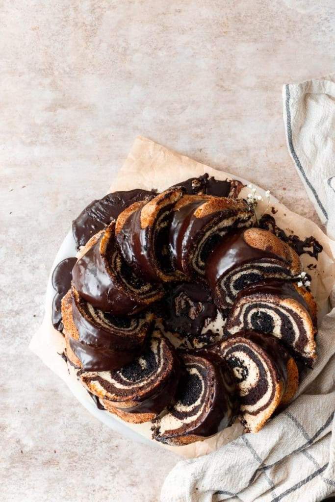 Flat lay of the chocolate marbled bundt, with all the slices exposed and laying on each other