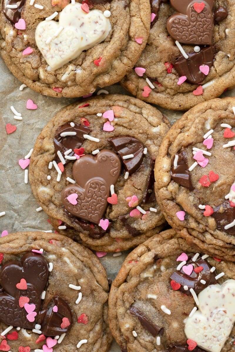 Flat lay of the valentine's day chocolate chip cookies