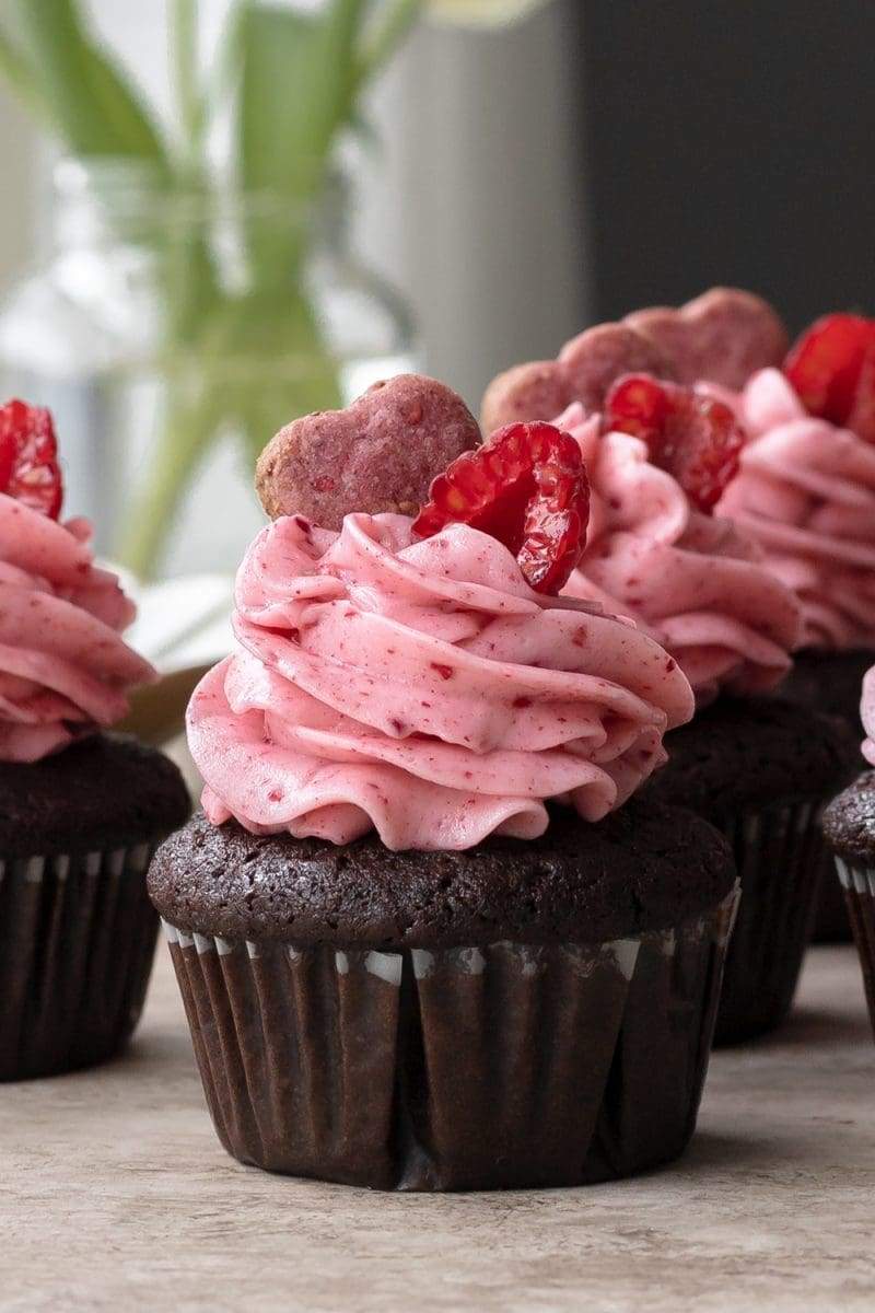 A close-up of a chocolate raspberry cupcake.
